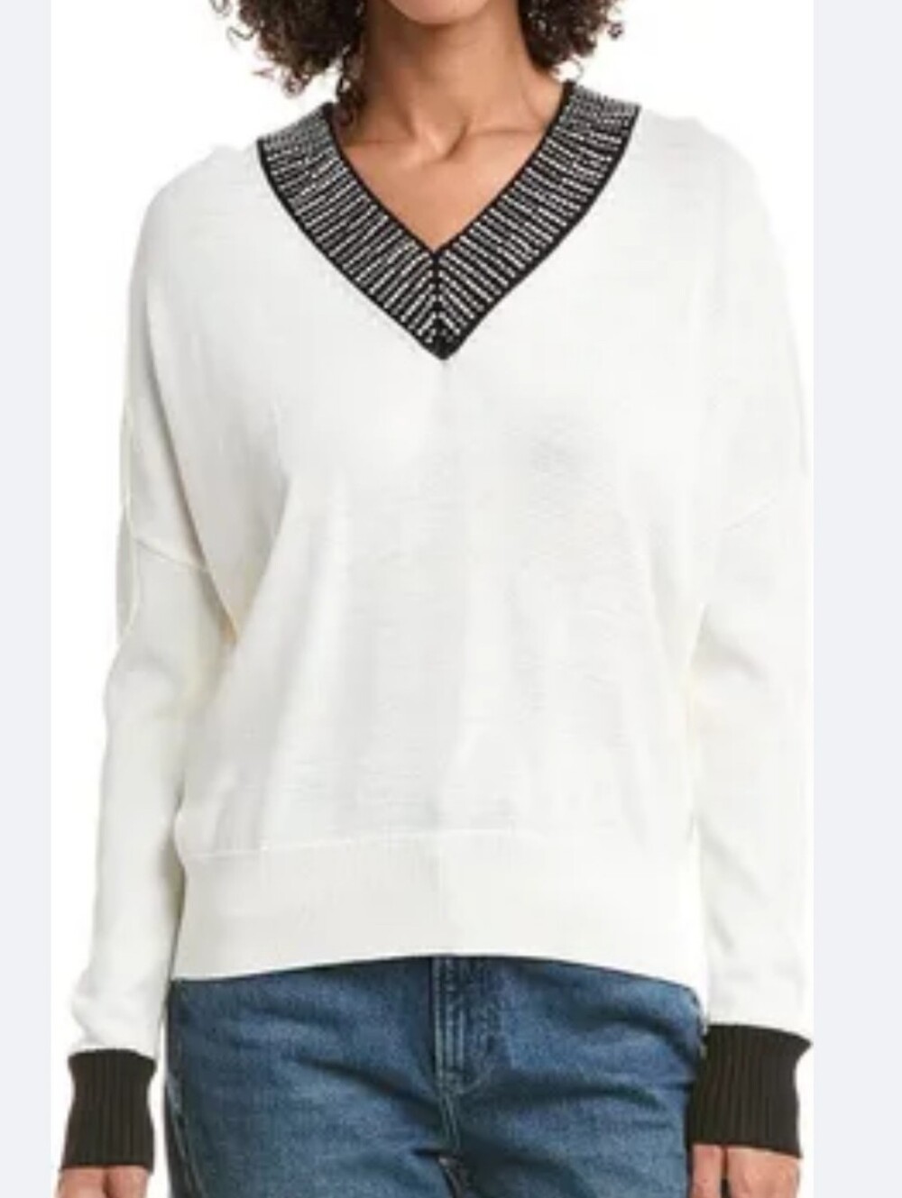 Karl Lagerfeld Embellished V-Neck Sweater with Black Trim Accents Size MED NWT